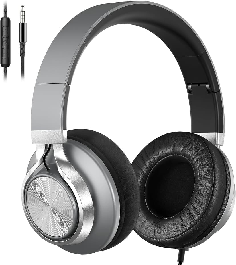 Over Ear Headphones Wired with Microphone - Noise Isolating Corded Headphones with Protein Leather Ear Cushions for Teens Adults,Fordable Head phones with Golded 3.5 mm Jack for Laptop Computer Tablet