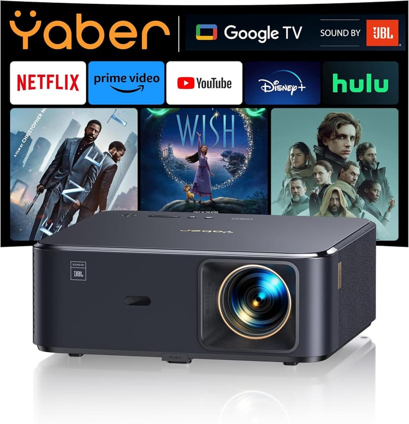 Projector 4K with Google TV, YABER K2s 1000 ANSI WiFi 6 Bluetooth Projector, Sound by JBL, Dolby Audio, Auto Focus & Keystone,Native 1080P 4K Supported Outdoor Movie Projector with Netflix 7000+ Apps