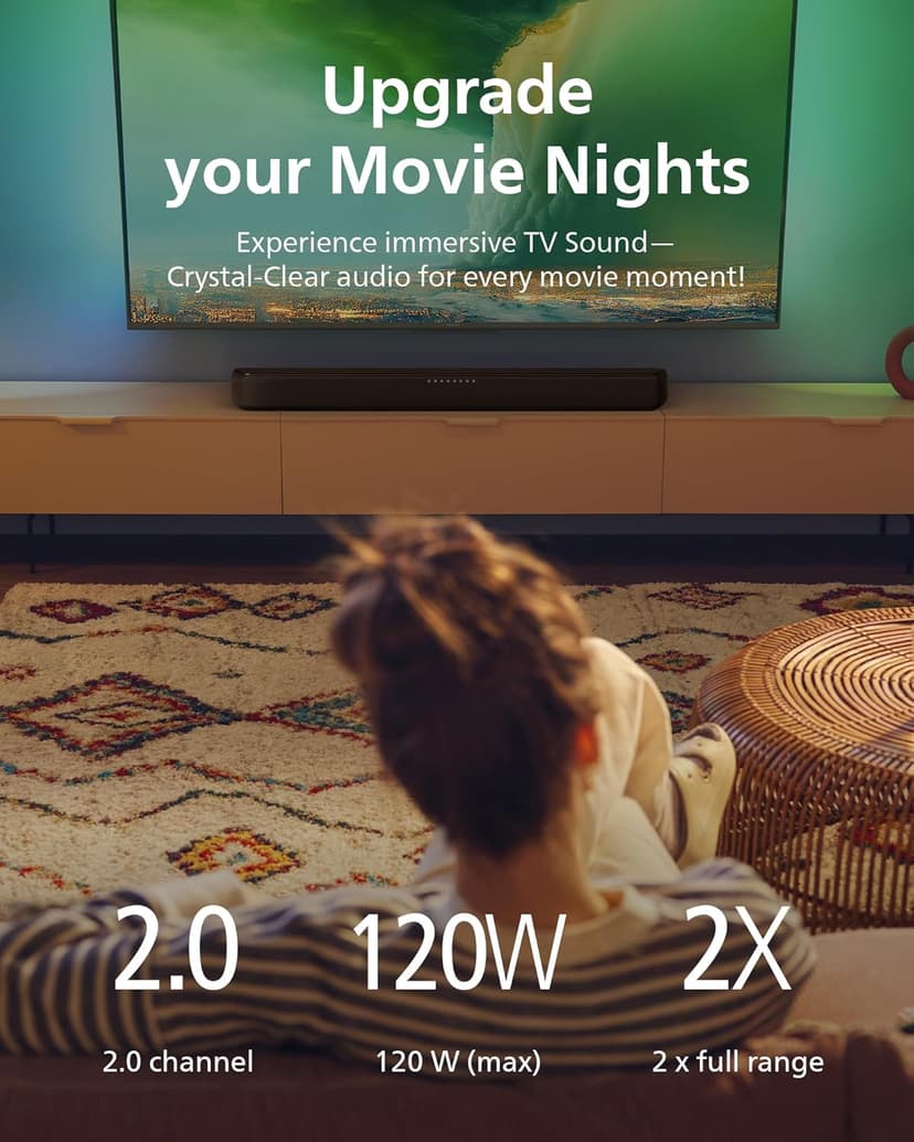 PHILIPS B5109 SoundBar for TV, 2.0 Channel Sound, DTS Virtual:X, Dolby Digital Plus,BT LE Audio, EQ Effects,Night Mode, Easy Setup, EasyLINK, Roku TV Ready, Remote/APP Control, Darkgrey