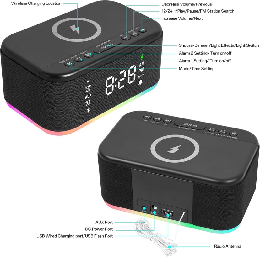 Bluetooth Alarm Clock Radio Bedroom, Digital Dual Alarm Clock Bedroom, Up to 10 Alarms Clock Night Light Speaker App/Button Control FM Charge Snooze Adjustable Volume Dim 12/24H, Black