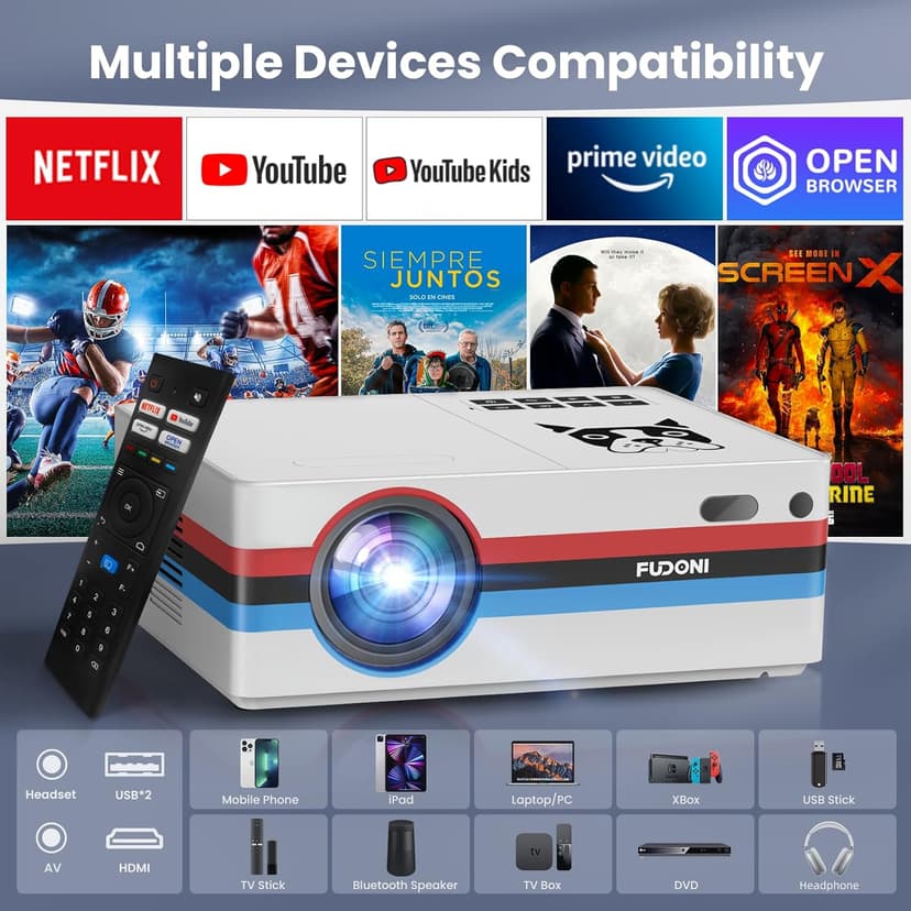[Netflix Officially/Dolby Audio] FUDONI Smart Projector with WiFi and Bluetooth 4K, Auto Keystone& Electric Focus, 800ANSI Outdoor Projector with Apps, Built-in Netflix/YouTube/Prime Video