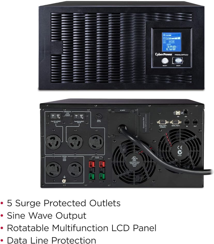 CyberPower PR5000LCDRTXL5U Smart App Sinewave UPS System, 5000VA/4500W, 5 Outlets, AVR, 5U Rack/Tower
