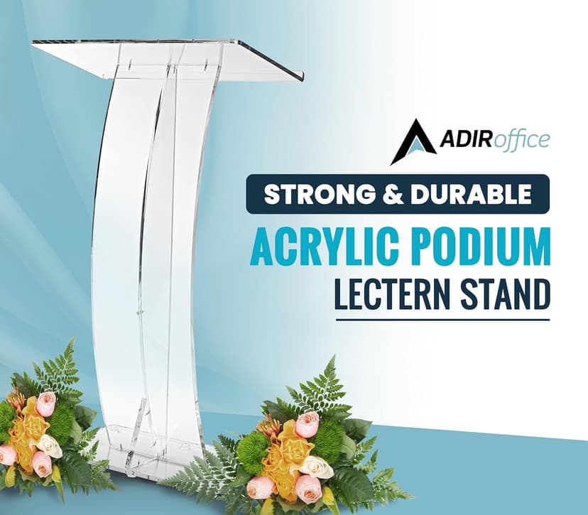 AdirOffice Clear Acrylic Podium, Ideal for use as Pulpits for Churches, Podium Stand for Wedding, or as Acrylic Lectern