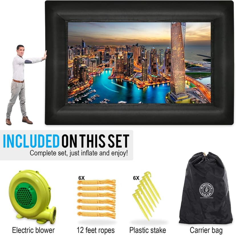 KHOMO GEAR 20 ft Outdoor Projector Screen - Supports Front and Rear Projection - Includes Inflation Fan, Tie-Downs and Storage Bag - Inflatable Projector Screen