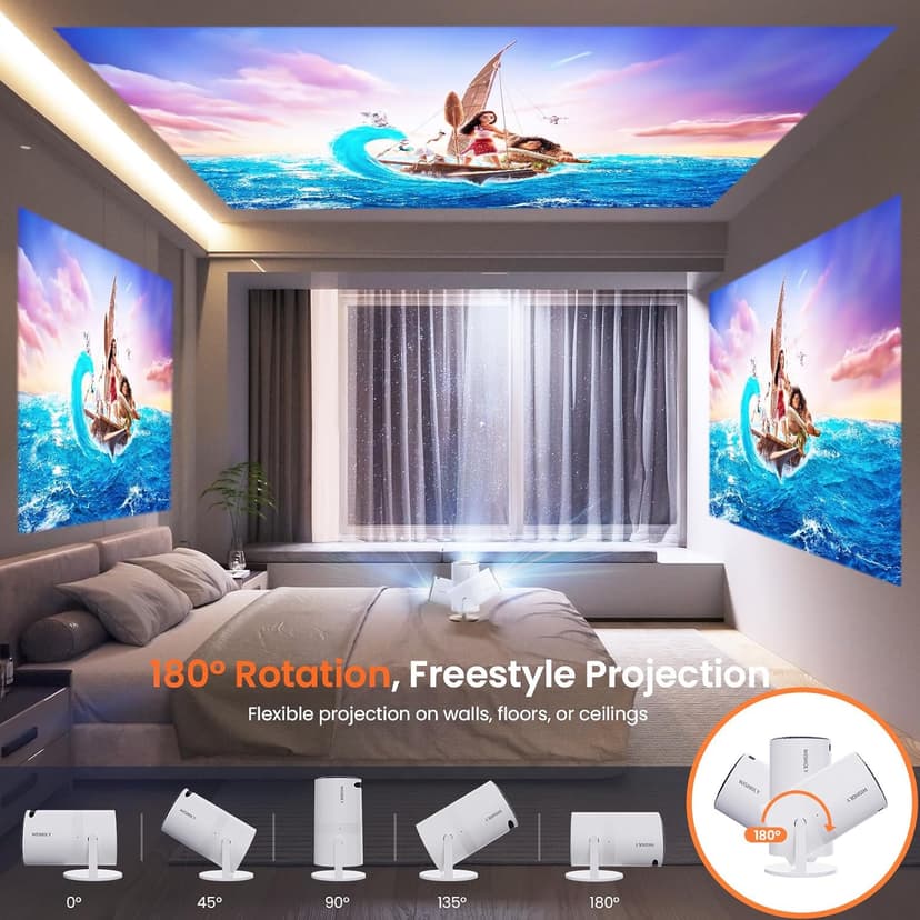 Mini Projector with Two-way Bluetooth, Portable Movie Projector with 180° Rotatable, 1080P HD Supported, Auto Vertical Keystone, Compatible with Smartphone, TV Stick, Laptop, HDMI, USB