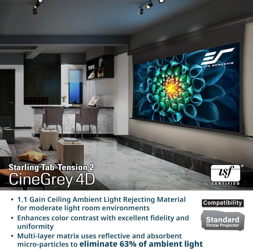 Elite Screens Starling Tab-Tension 2 CineGrey 4D, 106" 16:9, Ceiling, Ambient Light Rejecting (CLR/ALR) Tab-Tensioned Electric Drop Down Front Projector Screen Programmed Remote Kit, STT106UHD4-E12