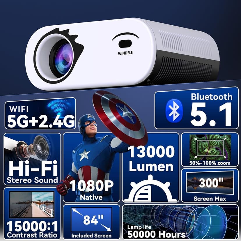 Mini Projector with WiFi and Bluetooth, Screen | Native 1080P, Portable Outdoor 5G Projector, Lag-Free, Compatible with iPhone, Android, PC, Fire Stick, Xbox, and PS5