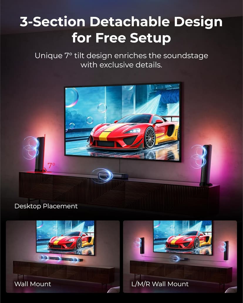 ULTIMEA 7.1ch Virtual Surround Sound Bar, Sound Bar for Smart TV with 2 Surround Speakers, Surround Sound System for TV with RGB, 6.5" Subwoofer, Peak Power 410W, App, HDMI/OPT/AUX/BT Apollo S70 Ultra