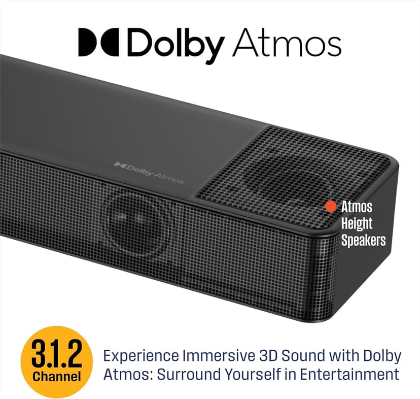 Westinghouse 3.1.2 Channel All-in-One Soundbar with Dolby Atmos and Digital Plus, Built-in Low Frequency Driver and Height Speakers, 210W Surround Sound, Bluetooth, Easy Setup, Roku TV Ready