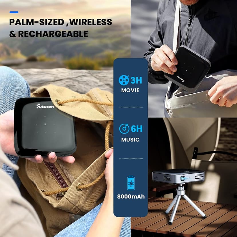 【3H Playtime】Ultra Mini Pocket Pico Projector - Come with Rechargeable Battery Speaker & Tirpod, 1080P Support Portable Wireless LED DLP Movie & Video Travel Projector, connects to iPhone and Android