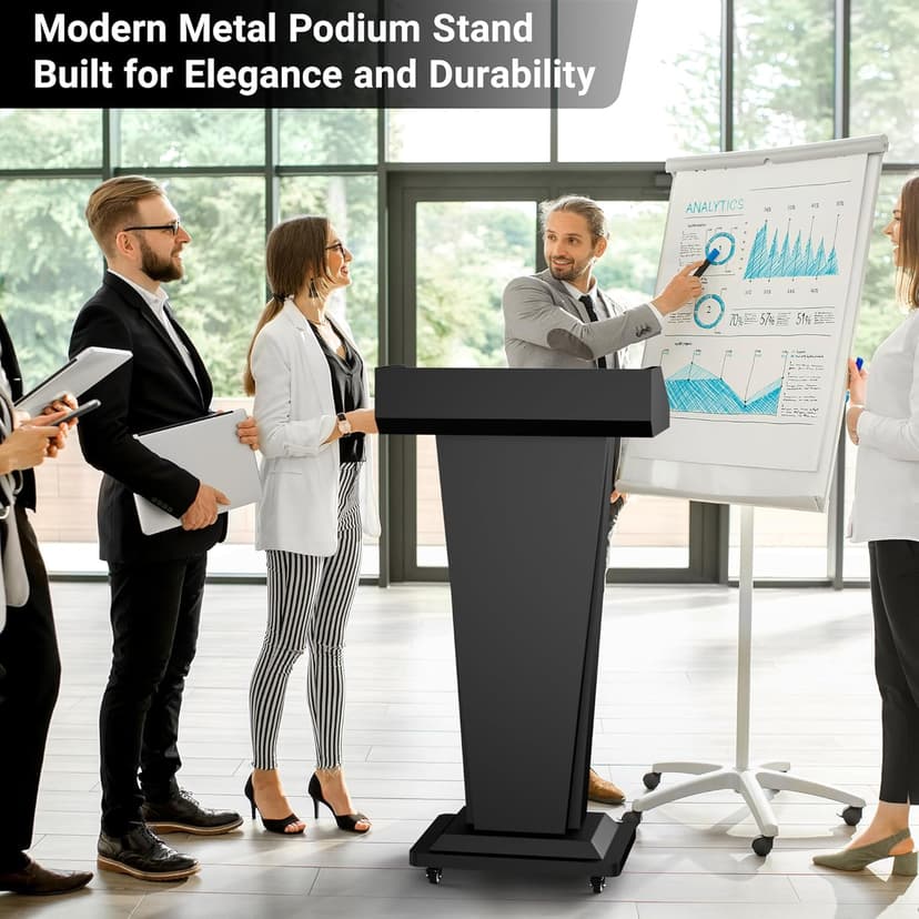 Tredre Black Metal Podium Stand with Wheels, Heavy-Duty Lecterns & Podiums with Storage, Premium Pulpits for Churches, Classrooms and Conferences, Scratch-Resistant Surface, 46.5”H