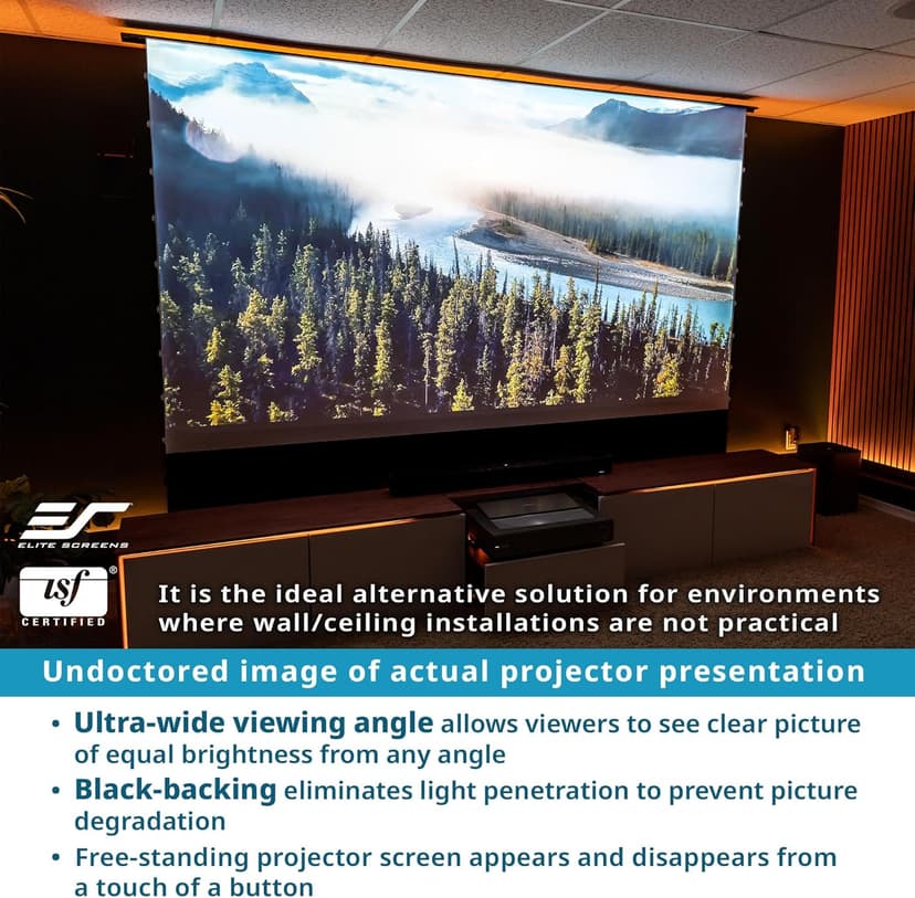 EliteProjector Screens Kestrel Tab-Tension 3 CineWhite, 122" Diag., 16:9 Aspect Ratio, ISF Certified 4K/8K Ultra HD Electric Floor-Rising Motorized Tab-Tensioned Front Projector Screen, FTE122H3