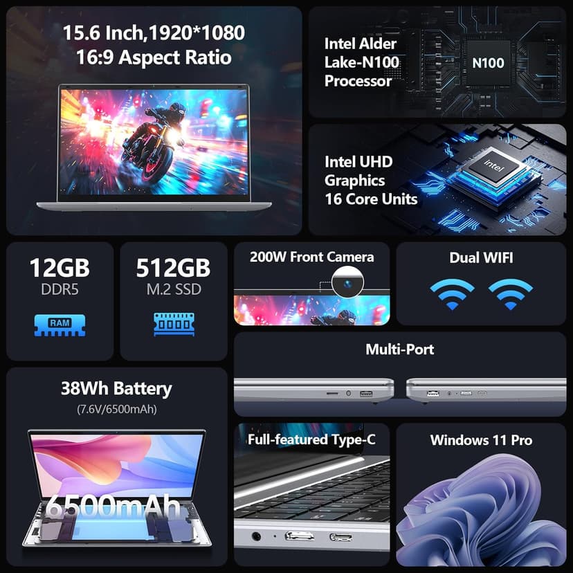 15.6 inch Laptop, 12th Alder Lake N100(Turbo 3.4GHz) Processor,12GB RAM, 512GB SSD, 2K FHD IPS Laptops, 2.4G/5G WiFi, Webcam,Full-Featured Type-C,Ultra-Thin Notebook