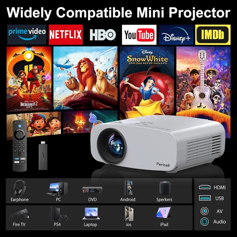 Projector with WiFi and Bluetooth, Pericat 13000L 4K Supported Native 1080P Projector, Portable Movie Outdoor Projector for Home Theater, Mini Projector Compatible w/ PC, HDMI, USB, TV Stick, PS5