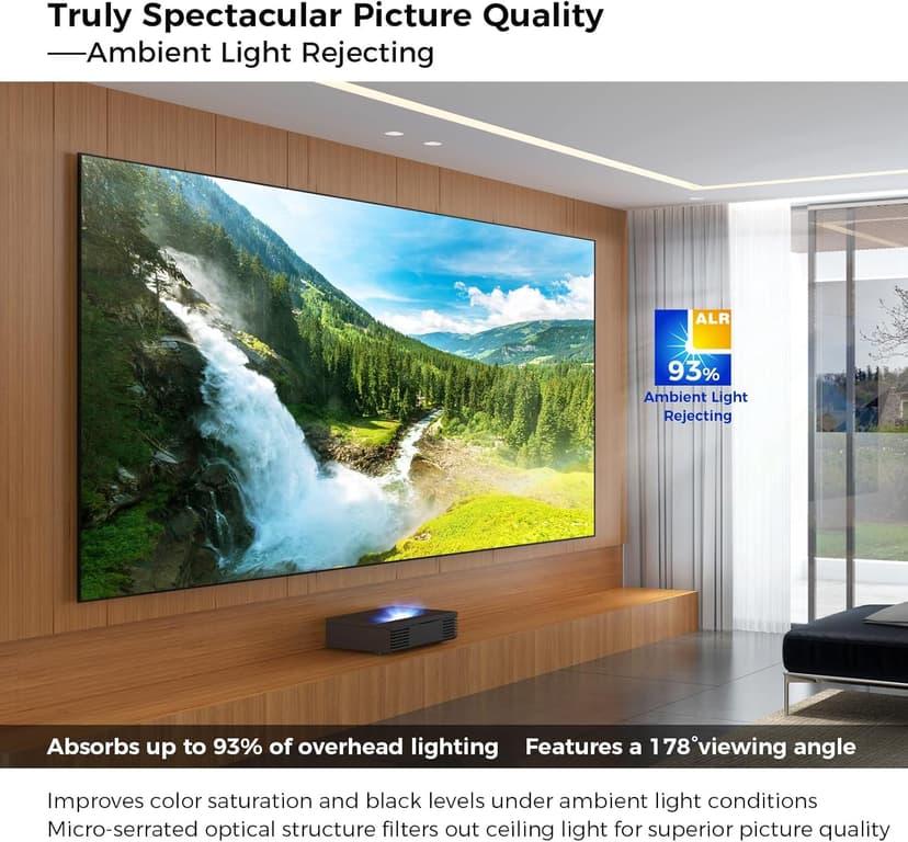 SCREENPRO ALR 150inch Ambient Light Rejecting Wall Mount Projector Screen for Laser Projector & UST Projector, 16:9 4K/8K Ultra Edge Free Fixed Frame Ceiling Light Rejecting Screen for Home Theater