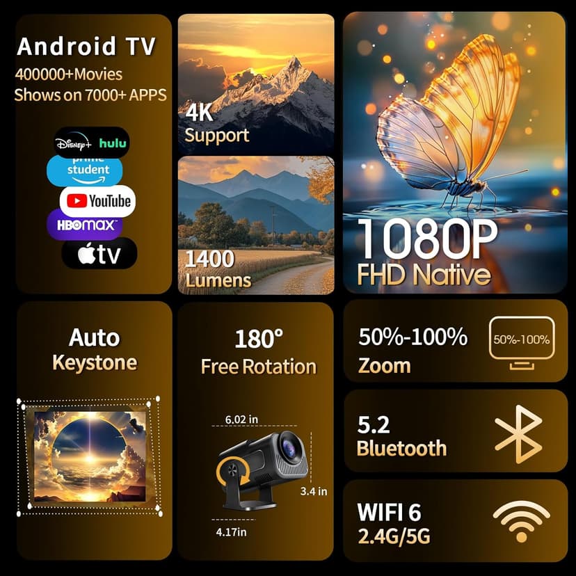 [Built-in App] Mini Projector 1080P Full HD, 4K Projector with 180° Rotation, Portable Projector WiFi 6 & Bluetooth 5.2 Support,Featuring Auto Keystone Correction,HDMI/USB Connectivity Projector Black