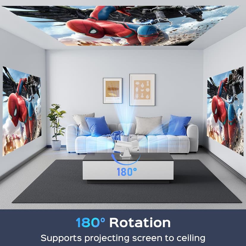 Mini Projector With WiFi and Bluetooth, 180 Rotatable Portable, 150" Smart With Android TV 11.0, 1080P Support 4K Decoding, 2.4G/5G WiFi6, Auto Keystone for Home Theater, White