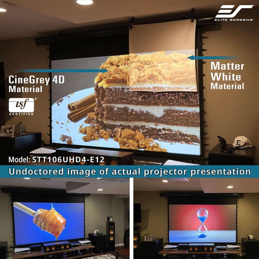 Elite Screens Starling Tab-Tension 2 CineGrey 4D, 106" 16:9, Ceiling, Ambient Light Rejecting (CLR/ALR) Tab-Tensioned Electric Drop Down Front Projector Screen Programmed Remote Kit, STT106UHD4-E12
