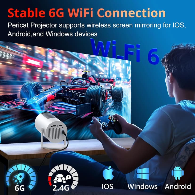 Auto Keystone Projector with WIFI and Bluetooth, Pericat 210° Rotatable Portable Projector, 18000L Native 1080P Home Theater, Outdoor Movie Projectors Compatible with TV Stick, Laptop, PC, Smartphone