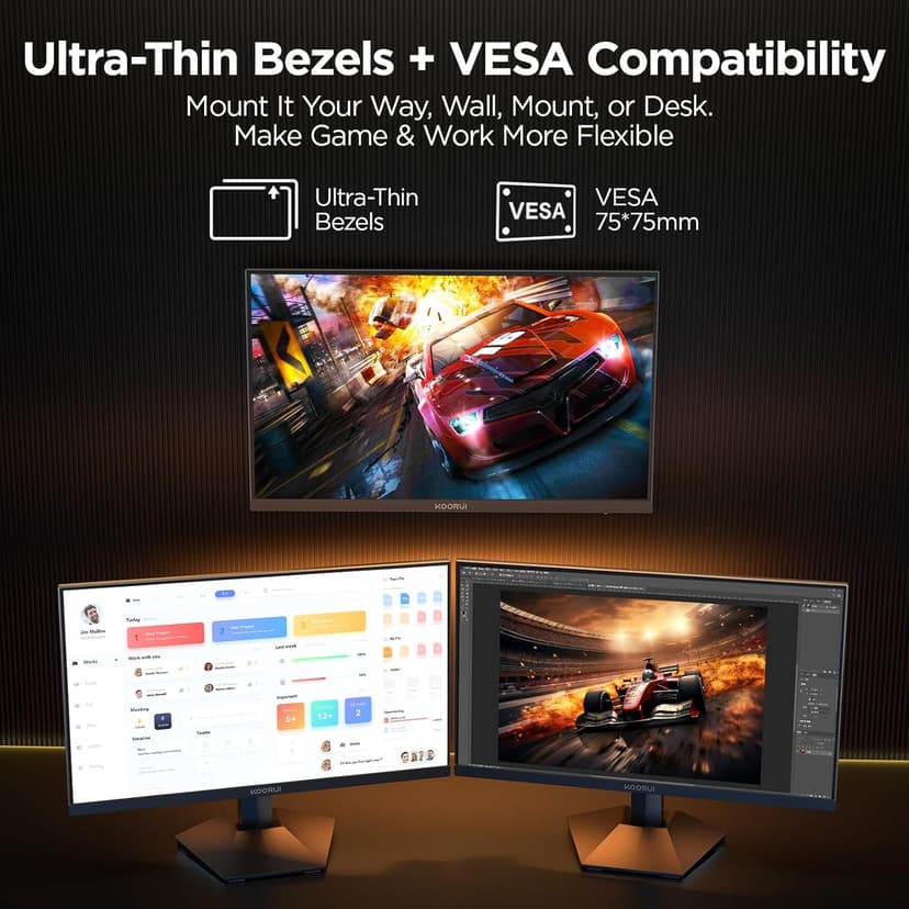 KOORUI 27" 200Hz Gaming Monitor, 1ms Fast IPS Computer Monitor, WQHD (2560 x 1440p) HDR 400 Display, DCI-P3 95% Color Gamut, FreeSync Premium, Adaptive G-Sync, HDMI x 2, DisplayPort, Black
