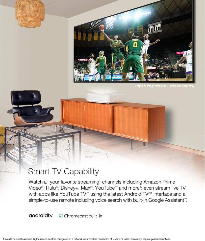 Epson EpiqVision Ultra LS650 Ultra Short Throw 3-Chip 3LCD Smart Streaming Laser Projector, 4K PRO-UHD, HDR, 3,600 Lumens, up to 120", Epson Setting Assistant, Android TV, Sound by Yamaha - White