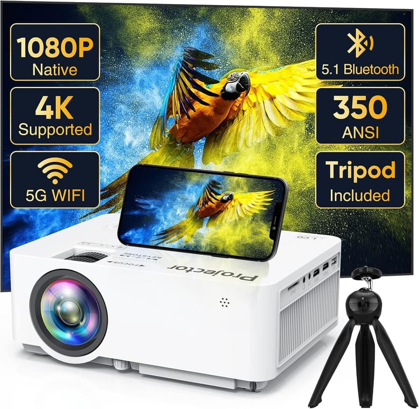 Native 1080P Projector with 5G WiFi Bluetooth and Tripod, 4K Supported Portable Home and Outdoor Movie Projector, Max 300" Display, Compatible with TV Stick, HDMI, Phone
