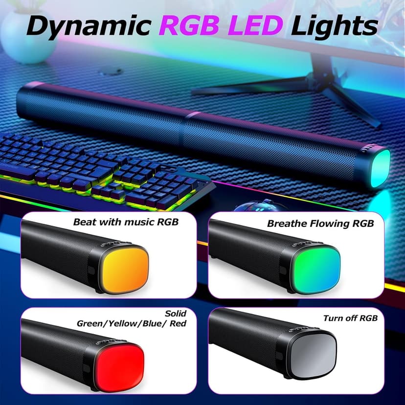 Sound Bar,100W Sound Bar for Smart TV with 3 RGB Lights Modes, Bluetooth 5.3, ARC/Opt/AUX Connect, Detachable 2-in-1 Speaker, 3 Equalizer Modes, Bass Surround Soundbar for TV/PC/Gaming/Projectors