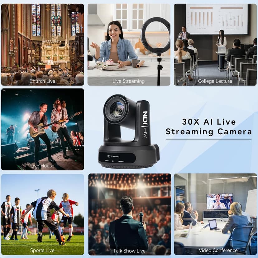 NDI AI Auto-Tracking IP PTZ Camera SDI/HDMI/USB3.0/LAN PoE 30X Optical + 16X Digital Zoom 1080P 60fps for Live Streaming Church Services Education Video Conference with OBS vMix and More