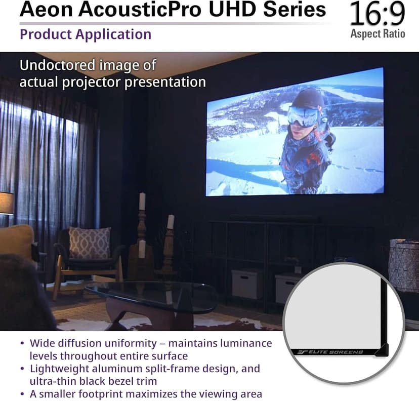 Elite Screens Aeon AUHD Series, 135-inch 16:9, 4K Home Theater Fixed Frame Edge Free Borderless Projection Sound Transparent Perforated Weave Projector Screen, AR135H2-AUHD