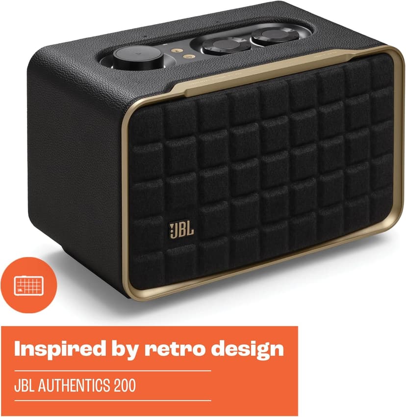 JBL Authentics 200 - Retro Style Smart Home Speaker with Built in Wi-Fi, Bluetooth and Voice Assistants, Alexa and Google Assistant, Multi-Room Playback, Automatic self Tuning (White/Gold)