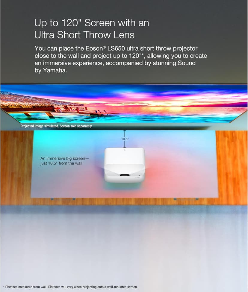 Epson EpiqVision Ultra LS650 Ultra Short Throw 3-Chip 3LCD Smart Streaming Laser Projector, 4K PRO-UHD, HDR, 3,600 Lumens, up to 120", Epson Setting Assistant, Android TV, Sound by Yamaha - White
