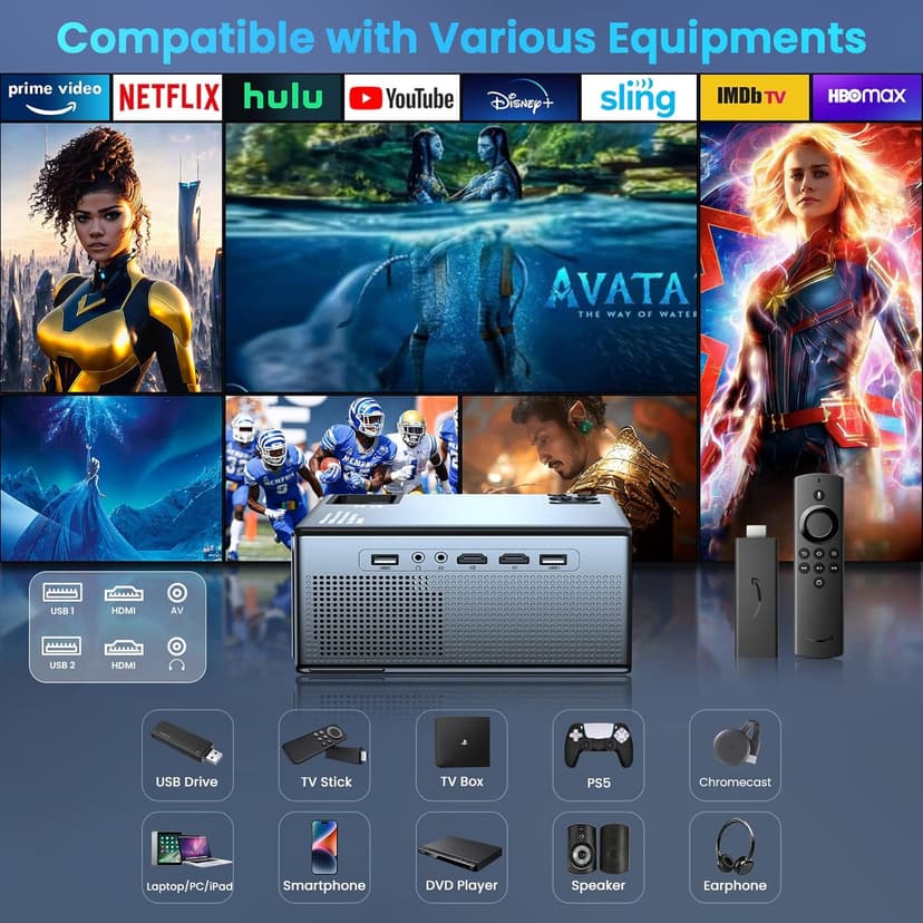 FUDONI Projector with 5G WiFi and Bluetooth, 1080P 18000L Outdoor Projector with HDMI and USB, Max 300" Display Zoom Function for Movies & Gaming, Compatible with TV Stick/Phone/Laptop