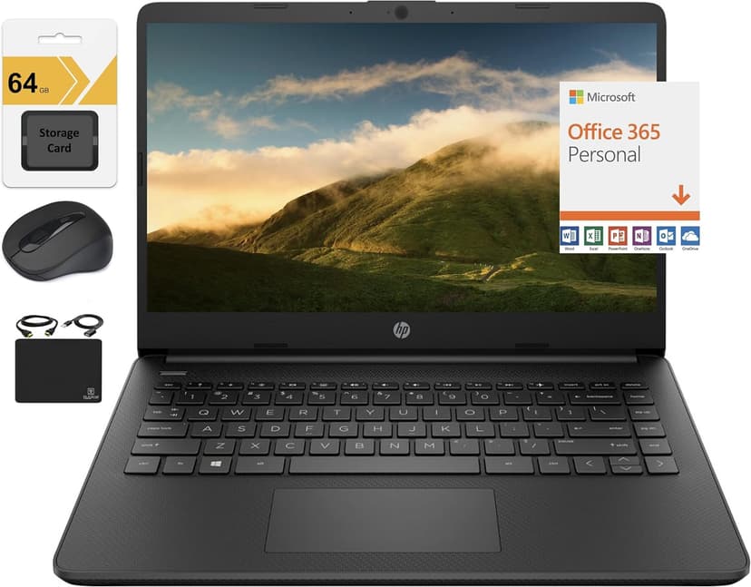 HP New 14" HD Ultra Light Thin Laptop, Quad-Core Intel Celeron Processor, 4GB RAM, 128GB (64GB eMMC+ 64GB Card), Wi-Fi, Upto 11 Hours, Windows 11 S + 1 Year Office 365+HubxcelAccessory, Black