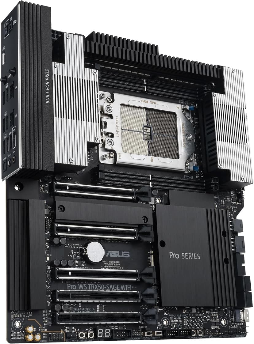 ASUS Pro WS TRX50-SAGE WIFI CEB Workstation motherboard, AMD Ryzen Threadripper PRO 7000 WX,ECC R-DIMM DDR5, 36 power-stage, WiFi 7,PCIe 5.0 x 16,PCIe 5.0 M.2, 10 Gb and 2.5 Gb LAN, multi-GPU support.