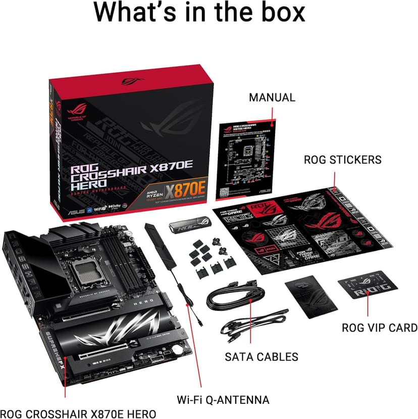 ASUS ROG Crosshair X870E Hero AMD X870E AM5 ATX Motherboard, Advanced AI PC Ready, 18+2+2 Power Stages, DDR5, PCIe® 5.0, 5X M.2, Wi-Fi 7, USB4®, AI Overclocking, Core Flex, PCIe Slot Q-Release Slim
