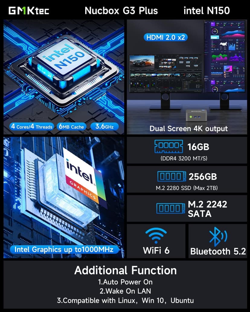GMKtec Mini PC Intel N150 (up to 3.60GHz) Intel i226-V 2.5Gbps RJ45 Desktop Computers 16GB DDR4 256GB PCIe M.2 SSD/ 4K Dual HDMI/USB3.2/WiFi 6 BT5.2 for Office, Business