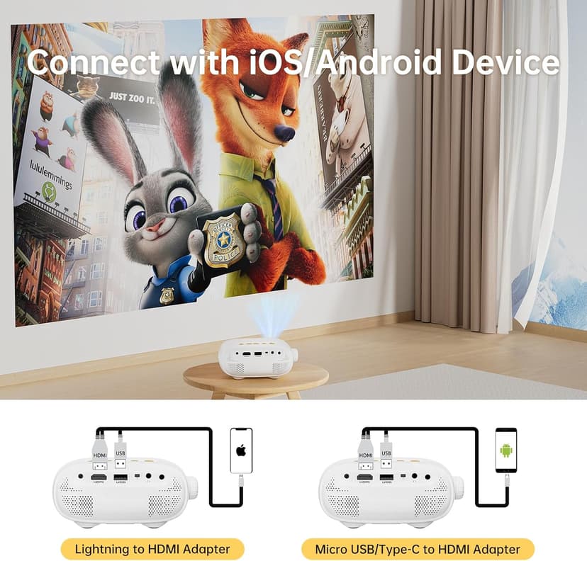 ARTSEA Mini Portable Projector for iPhone - HD 1080P Support Pico Movie Projector to Watch Cartoon, Phone Projector Compatible with HDMI, USB, TV Stick, Laptop, iOS and Android