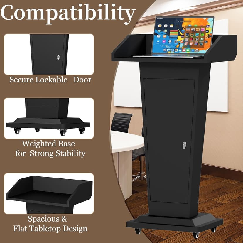 Heavy-Duty Black Metal Podium Stand with Lockable Wheels | Mobile Lectern with Storage Cabinet & Adjustable Height | for Conference Rooms, Churches, Classrooms & Events