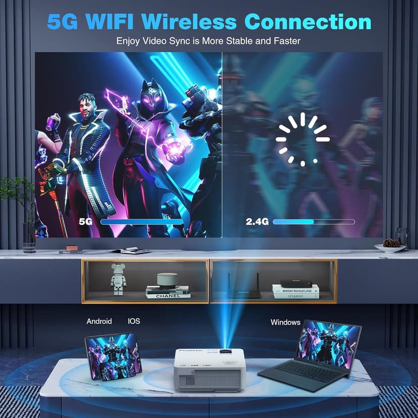 Native 1080P Projector with 5G WiFi Bluetooth and Tripod, 4K Supported Portable Home and Outdoor Movie Projector, Max 300" Display, Compatible with TV Stick, HDMI, Phone