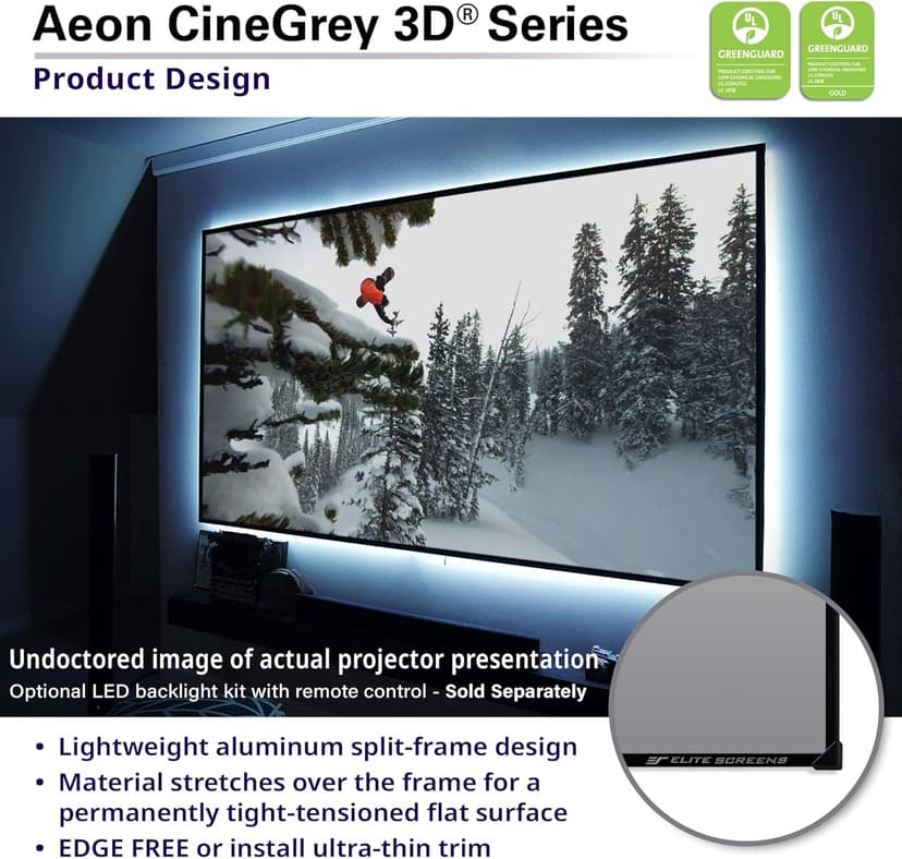 Elite Screens 135 inch CLR/ALR Projector Screen 16:9 4K, Standard Throw Projection, Edge Free Ambient Light Rejecting Fixed Frame Grey for Indoor Movie Screen Home Theater - Aeon CineGrey 3D AR135DHD3