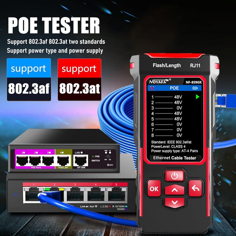 NOYAFA NF-859GK Network Cable Tester with IP Tester 10mw Visual Fault Locator,PING/POE/RJ45 RJ11 CAT5 CAT6 Cable Toner Ethernet Tester for Phone Lines CAT3, Ethernet,Wire Tracer LAN Network Tool