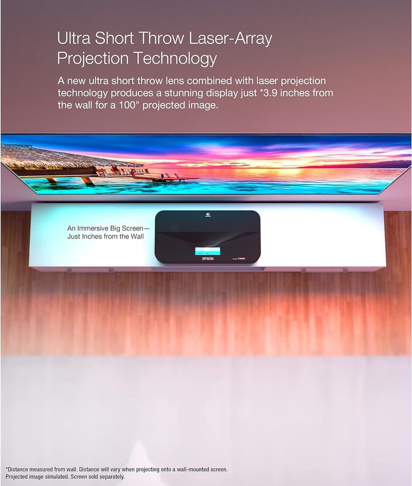 Epson EpiqVision Ultra LS800 Ultra Short Throw 3-Chip 3LCD Smart Streaming Laser Projector, 4,000 Lumens, 4K PRO-UHD, HDR, 150" Class, Android TV, 2.1ch Yamaha Built-in Speakers - Black (Renewed)