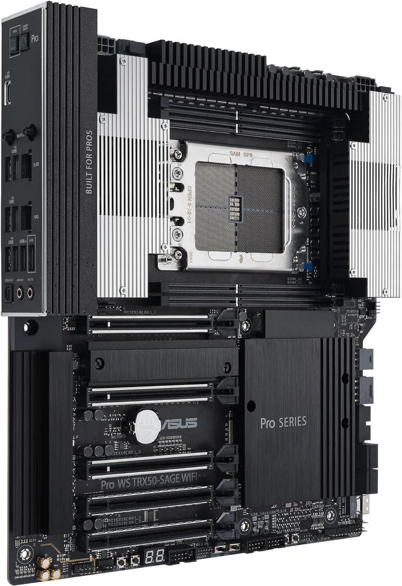 ASUS Pro WS TRX50-SAGE WIFI CEB Workstation motherboard, AMD Ryzen Threadripper PRO 7000 WX,ECC R-DIMM DDR5, 36 power-stage, WiFi 7,PCIe 5.0 x 16,PCIe 5.0 M.2, 10 Gb and 2.5 Gb LAN, multi-GPU support.