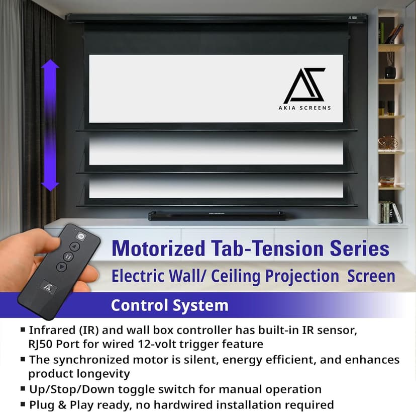 Akia Screens 105 inch Motorized Projector Screen Tensioned 16:9 Retractable Projector Screen Indoor Movie Screen Compatible with UST, Short, Standard Throw Projection for 4K Home Theater, AK-ELT105H