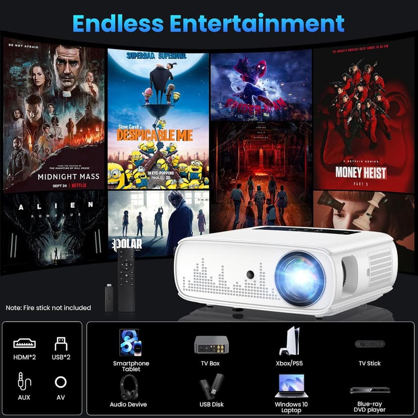 GROVIEW Projector, 15000lux 490ANSI Native 1080P WiFi Bluetooth Projector, 300'' Video Projector, Supports 4K & Zoom, 5G Sync, Compatible with HDMI USB/ AV/ Smartphone/ Pad/ Laptop/ DVD/ TV Stick/ PS5