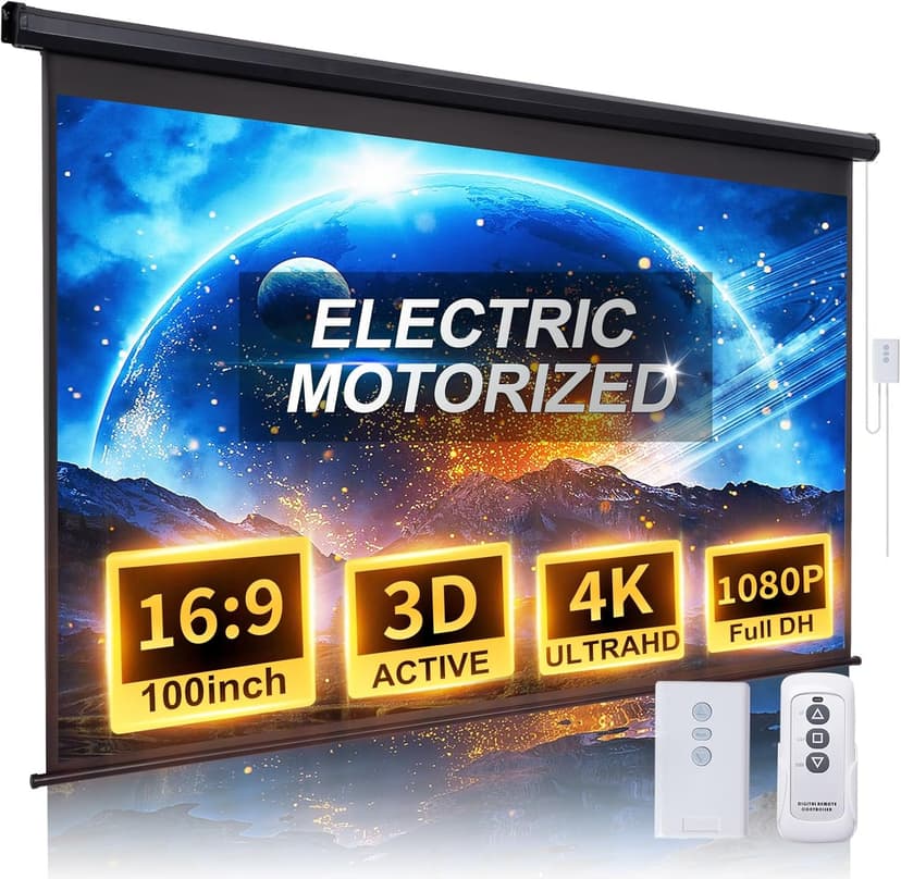 Motorized Projector Screen Pull Down 100 Inch 16:9 HD Automatic Projector Screen with Remote, Electric Retractable Black Projection Screen Portable, Roll Up Movie Screens for Projectors Outdoor Indoor