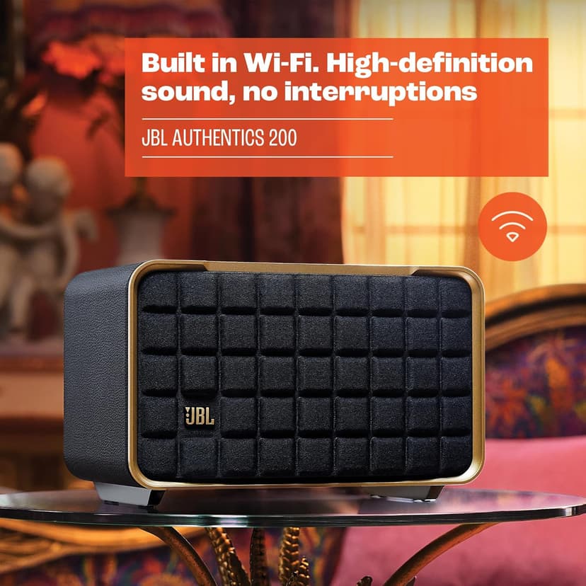 JBL Authentics 200 - Retro Style Smart Home Speaker with Built in Wi-Fi, Bluetooth and Voice Assistants, Alexa and Google Assistant, Multi-Room Playback, Automatic self Tuning (White/Gold)