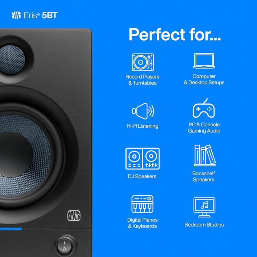 PreSonus Eris 5BT Bluetooth Studio Monitors, Pair — 5.25" Inch Powered Bookshelf Speakers, Stereo, Desktop Computer, Near Field Music Production, Audio Mixing Recording