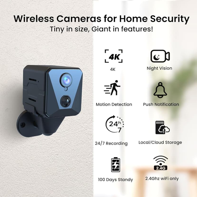 2025 Upgraded Security Camera, 4K HD Mini Nanny Cam for Home with Night Vision, WiFi Indoor Camera, 100 Days Long Battery Life, Motion Detection, Remote Viewing, Wireless Surveillance Cam