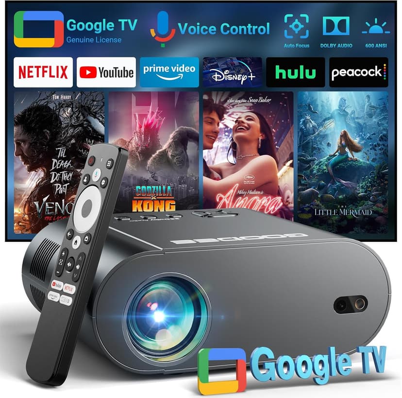 GooDee Smart 4K Projector with WiFi and Bluetooth, Google TV-Licensed Outdoor Movie Projector with Netflix / Prime Video / YouTube Built-in, Keystone Voice Control Home Theater